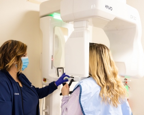 Dental patient having a C T cone beam dental scan taken of their mouth and jaw