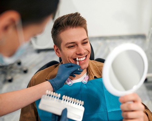a patient looking in a handheld mirror while a patient matches the shade of his teeth
